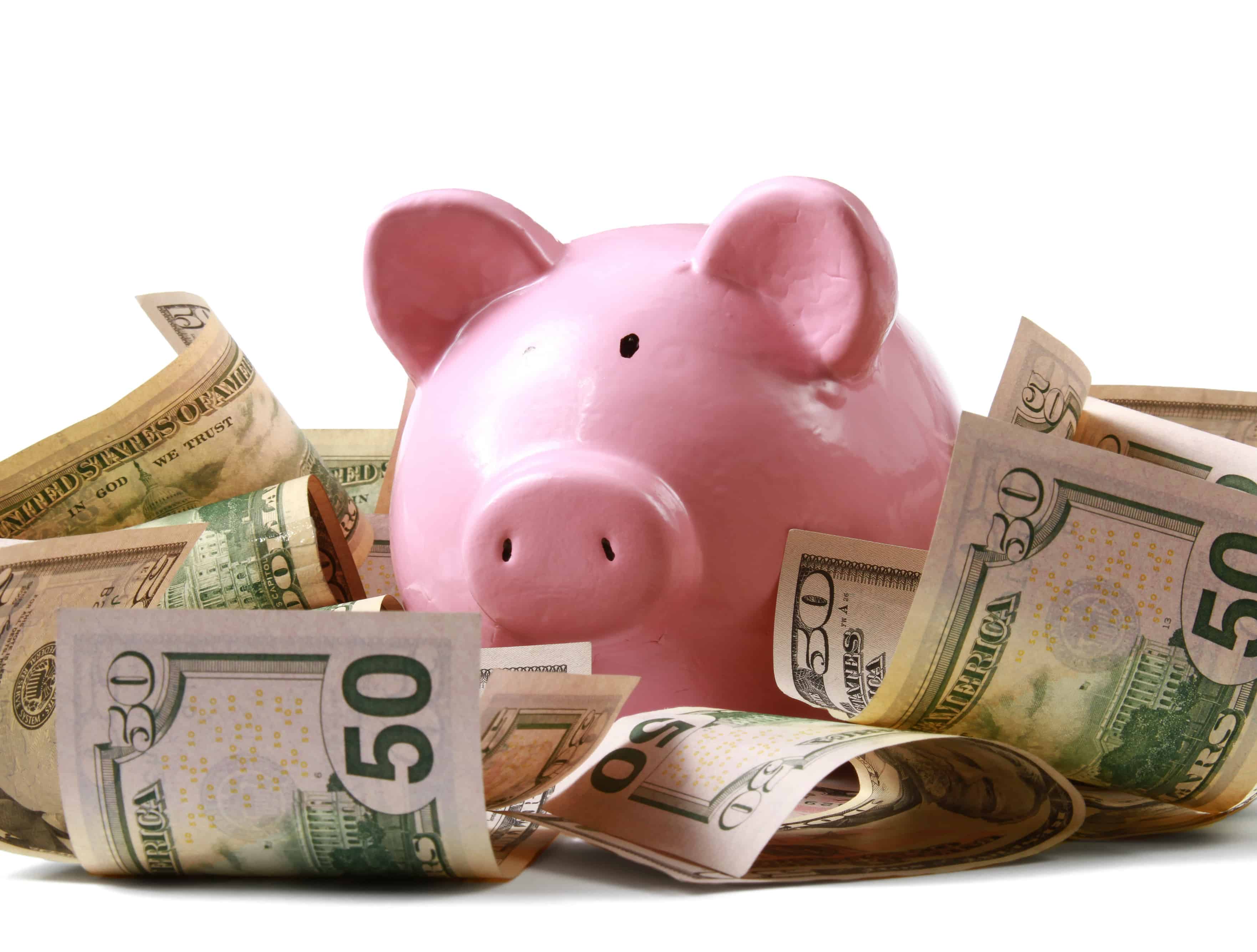 notas de dólar ao redor de cofre em formato de porco