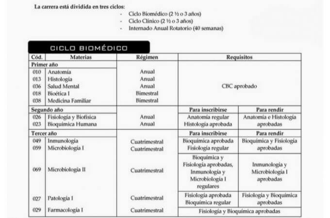 Exemplo de Grade de Disciplinas do Currículo de Medicina na Argentina