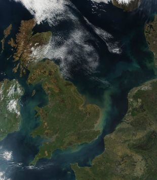 Vista de satélite da Inglaterra, Grã-Bretanha, Reino Unido e noroeste europeu