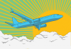 Ilustração de um avião sobre nuvens com sol ao fundo