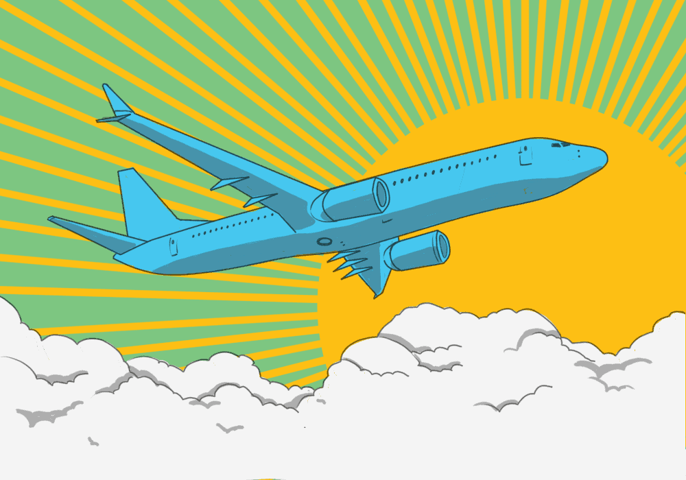 Ilustração de um avião sobre nuvens com sol ao fundo